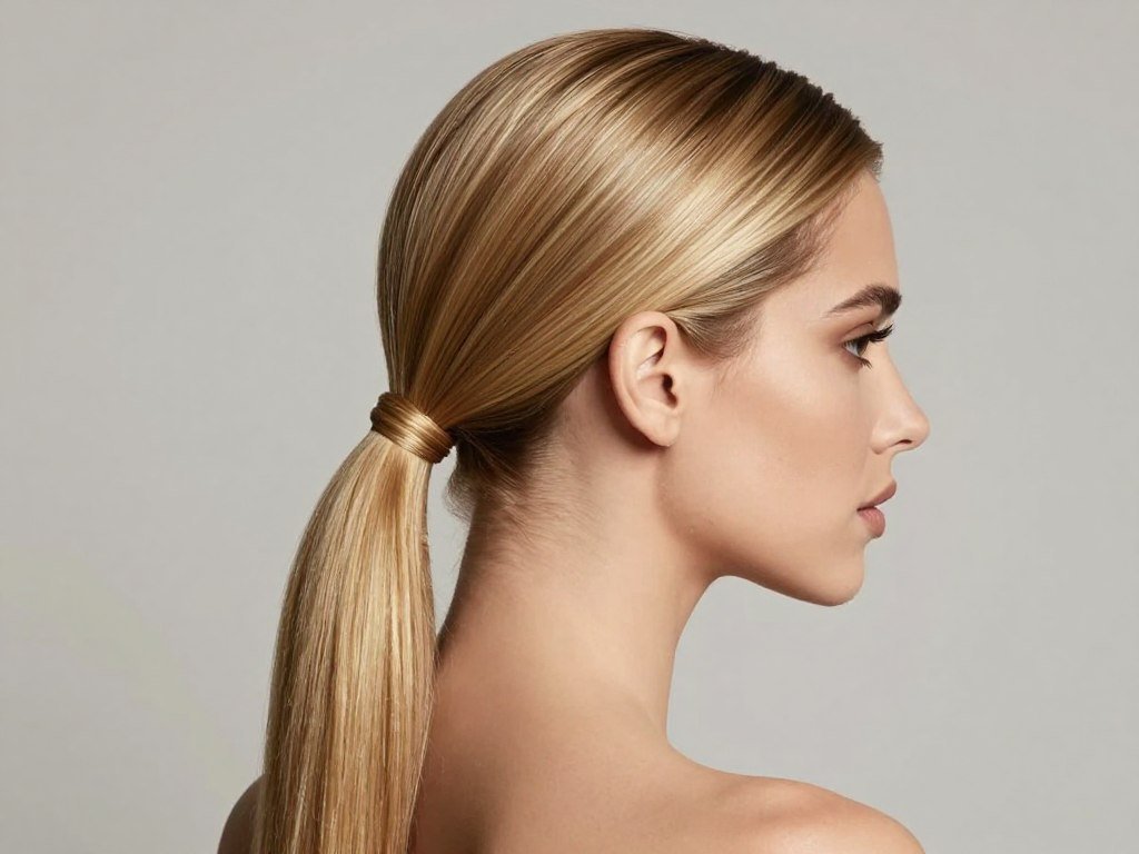 Sleek low ponytail on thin fine shoulder length hair