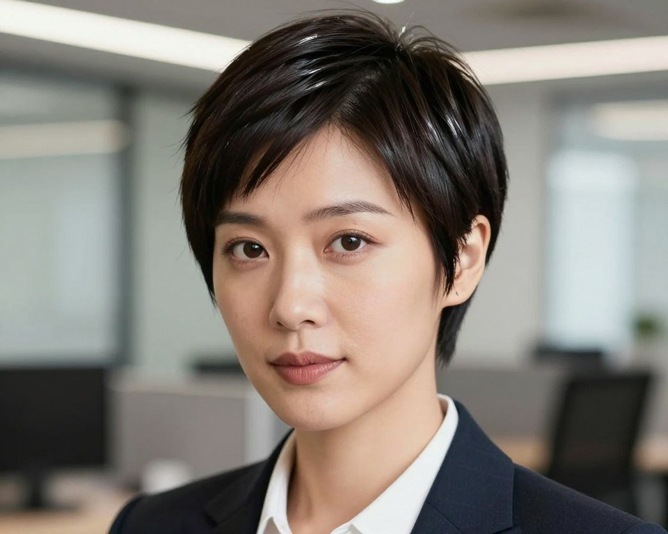 Sleek side-parted pixie cut for thin fine hair in professional setting