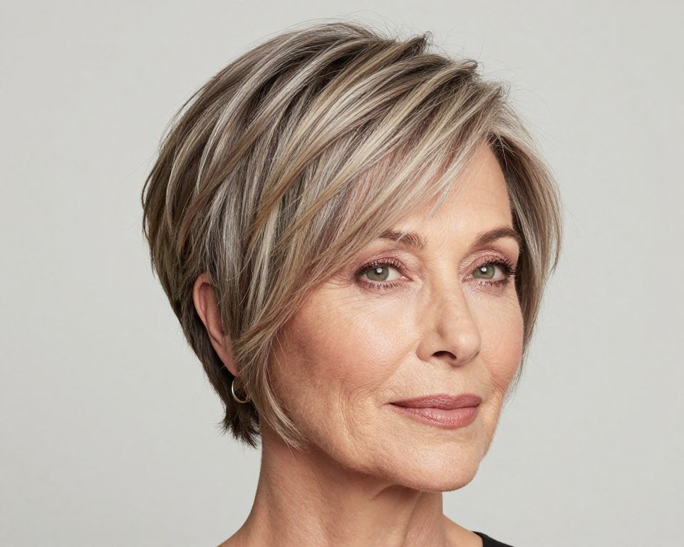 Soft layered pixie cut for mature women with thin fine hair