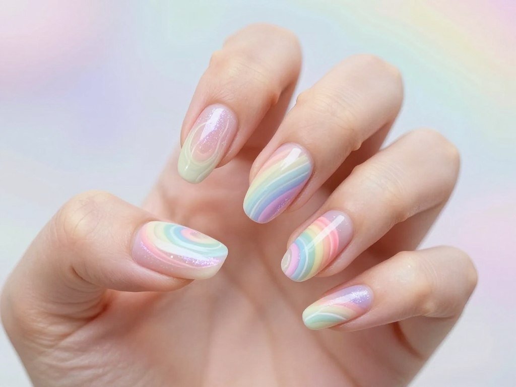 Soft pastel rainbow swirl nail design
