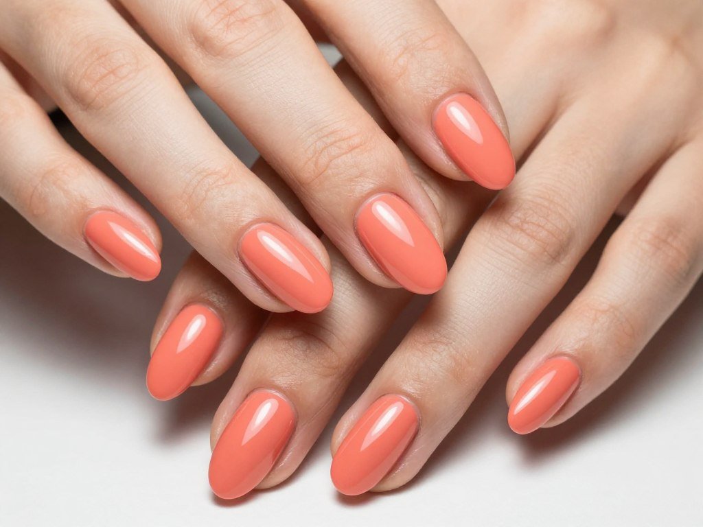 Solid coral manicure on almond-shaped nails