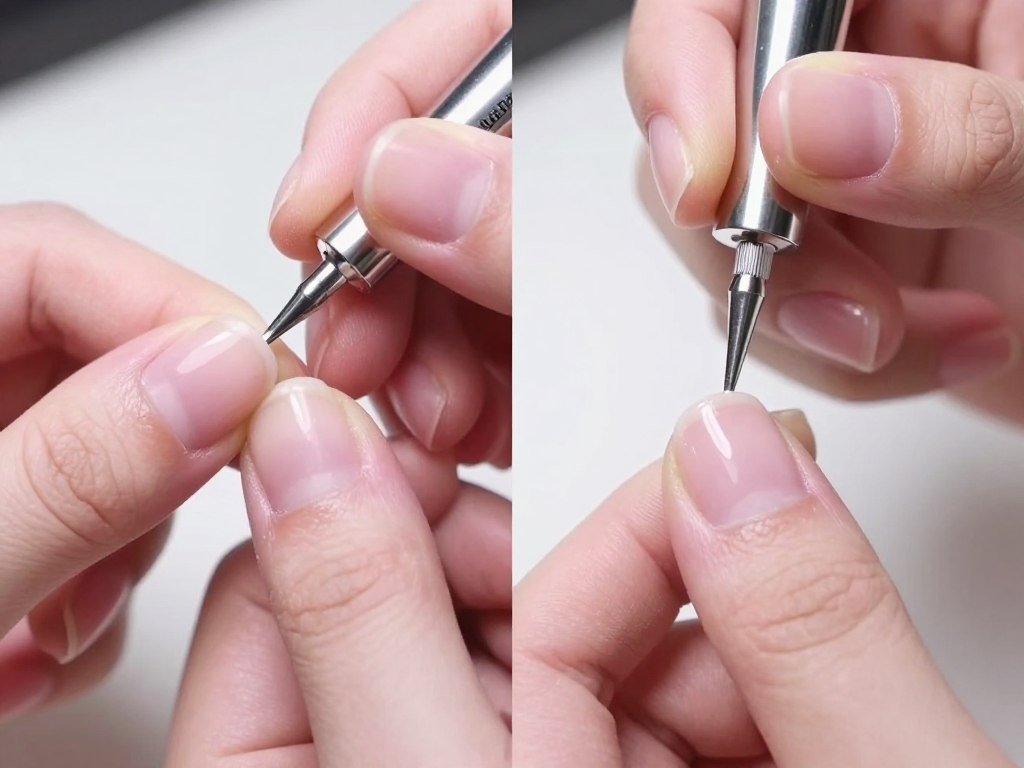 Step-by-step chrome powder application on pink nails showing metallic transformation