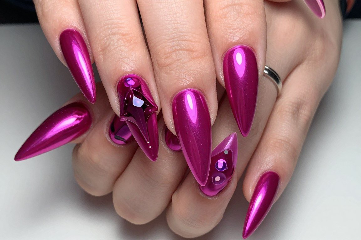 Stiletto-shaped nails with dramatic points in berry pink chrome
