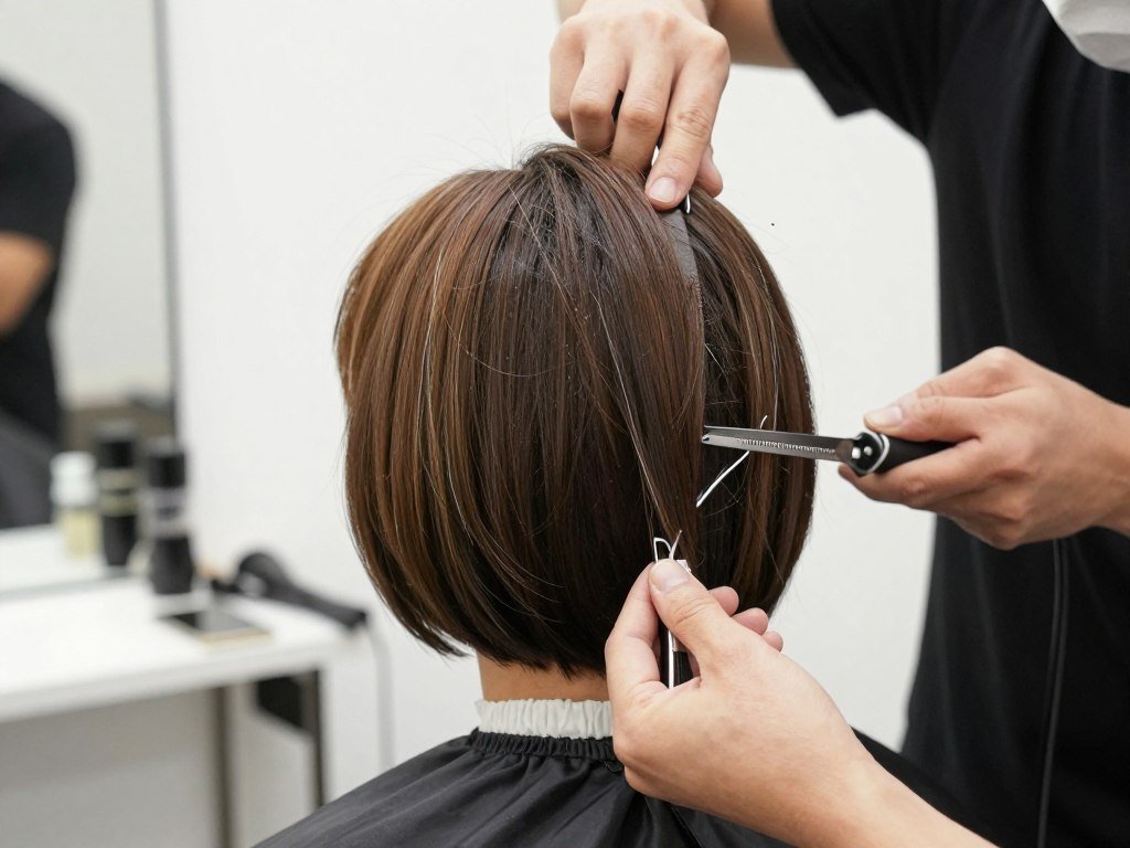 Stylist trimming layered bob to maintain shape