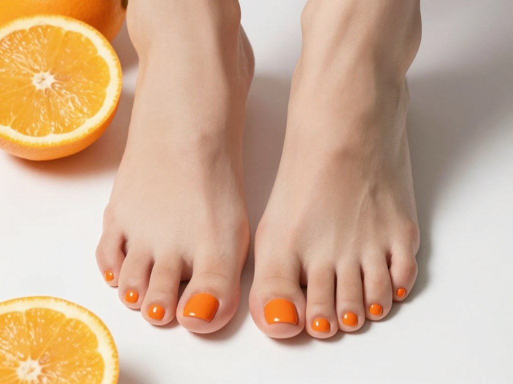 Tangerine orange summer pedicure with bright cheerful finish