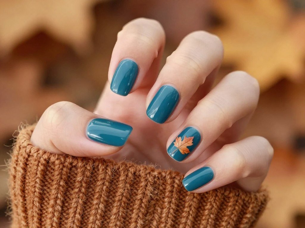 Teal blue fall nail designs with autumn elements