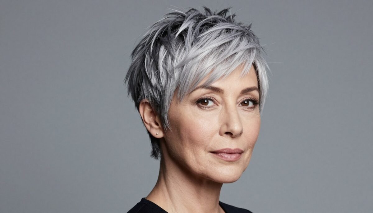 Textured pixie cut with long layers on woman over 60