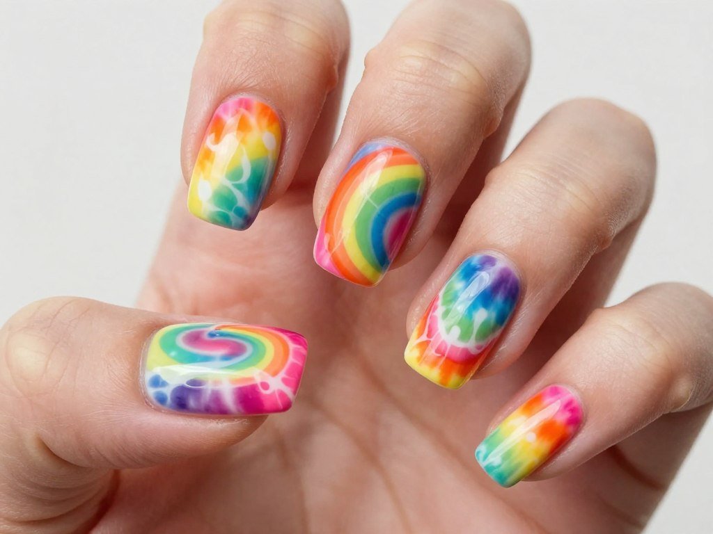 Tie-dye inspired rainbow swirl nail design