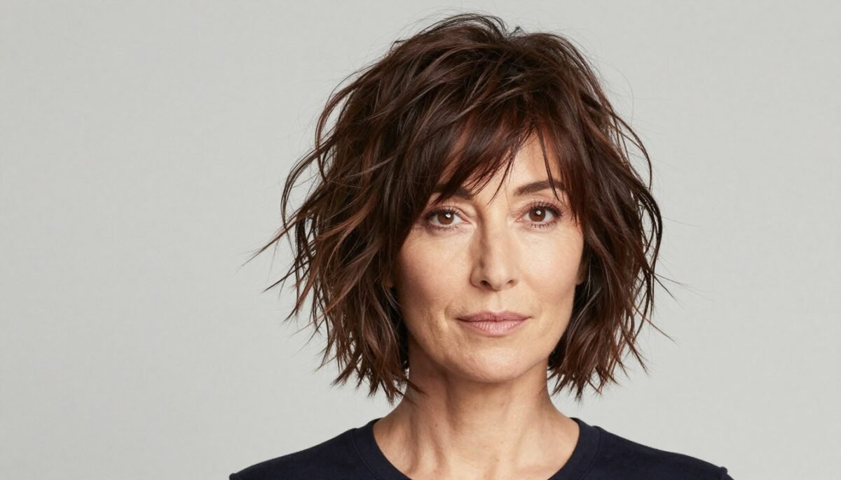Tousled layered bob with intentional bedhead texture