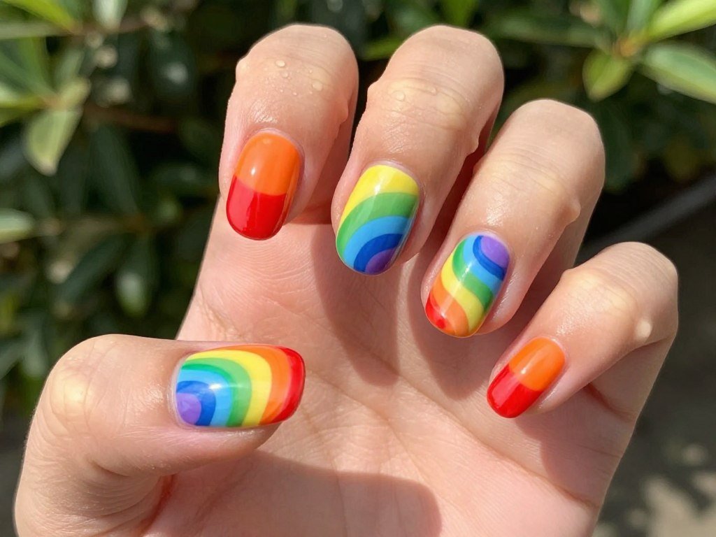Traditional rainbow colors in swirl nail art pattern