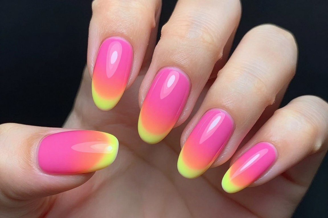 Trending neon aura nails with soft color blending effect