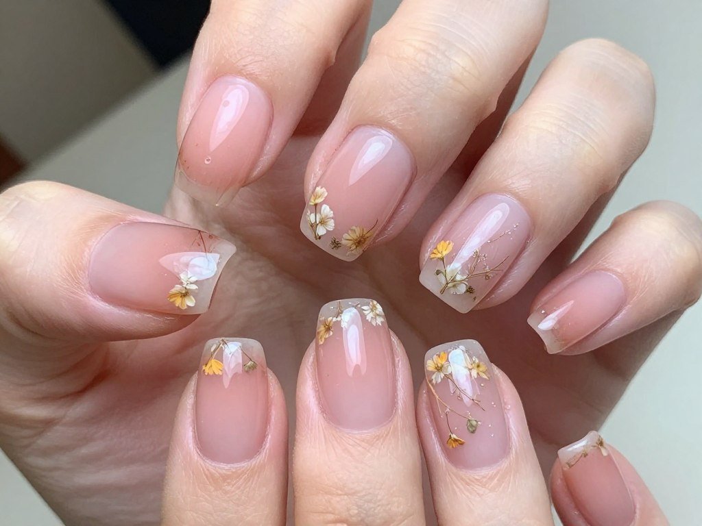 Trendy short nails with translucent jelly polish and embedded dried flower details