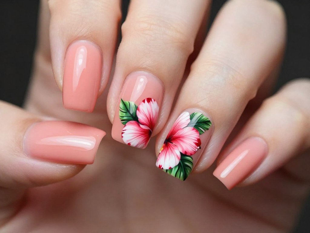Tropical hibiscus flowers on coral nails