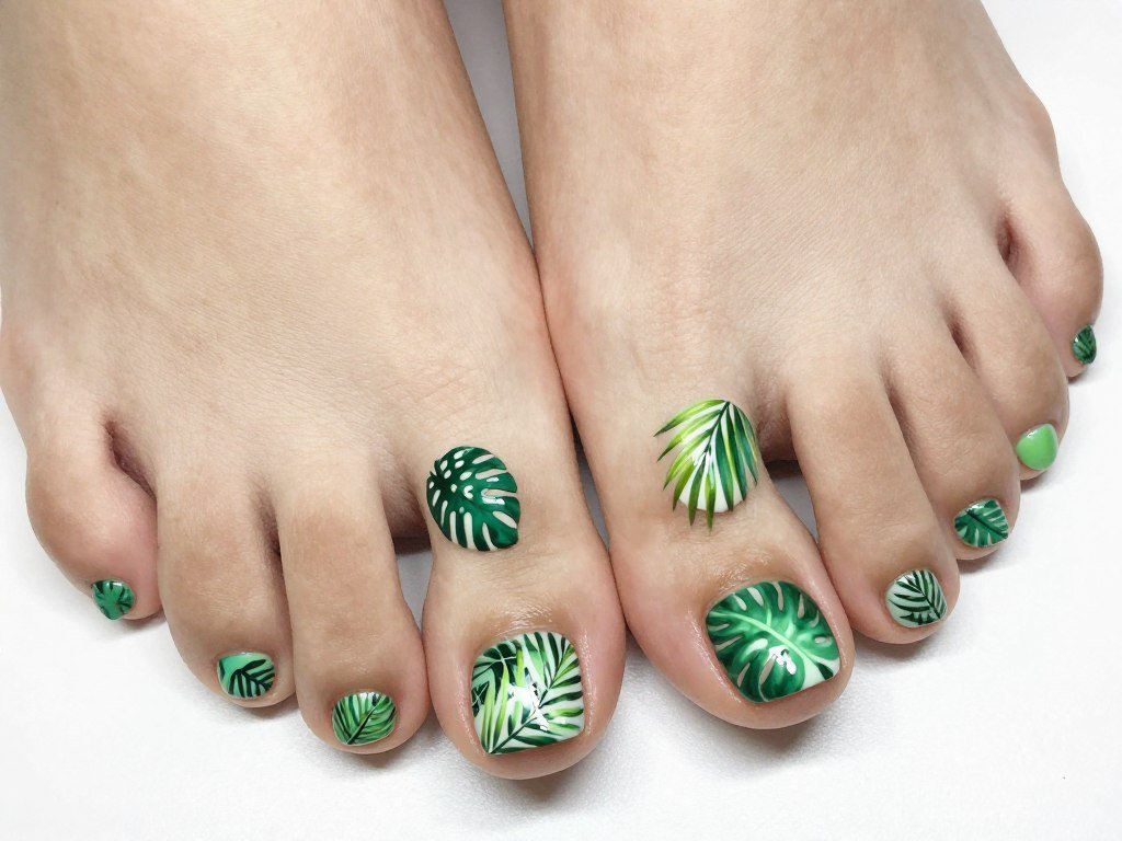 Tropical leaf nail art pattern on summer toe nails