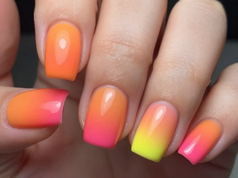 Vibrant neon gradient short summer nail design with orange, pink, and yellow sunset colors