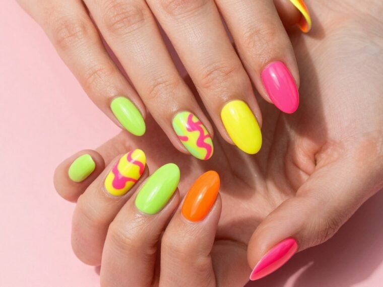 Vibrant neon summer nail designs featuring bright pink, yellow, green, and orange shades on manicured hands