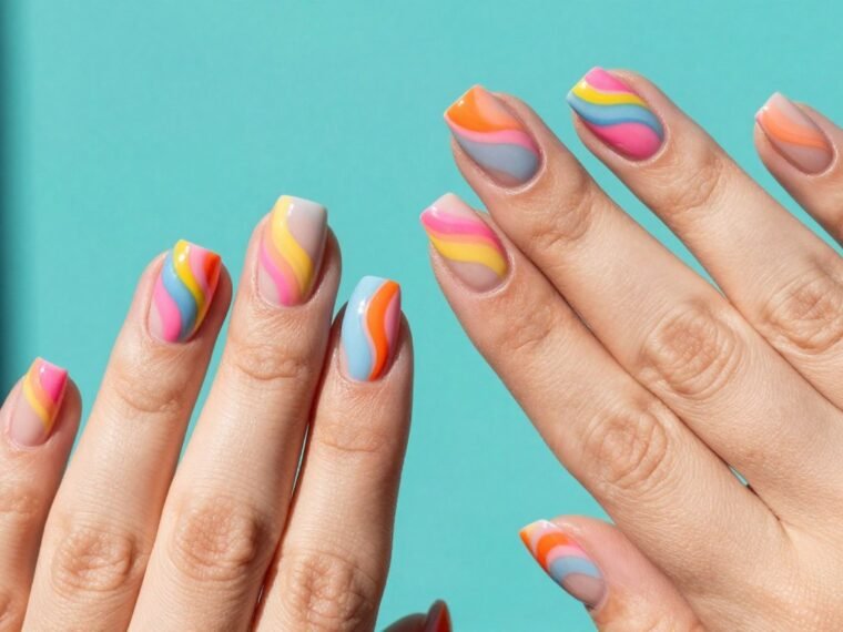 Vibrant summer swirl nail designs featuring colorful patterns on manicured hands against a bright background