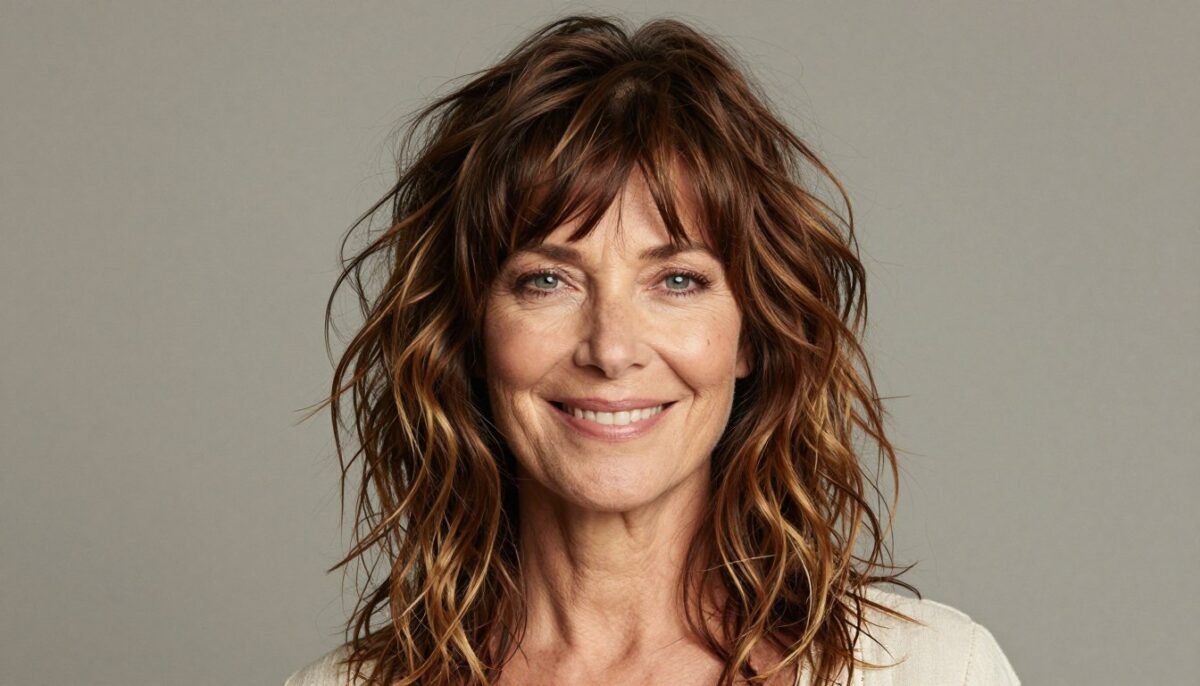 Wavy shag with curtain bangs on woman over 60