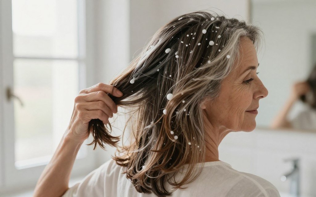 Woman applying hair care products