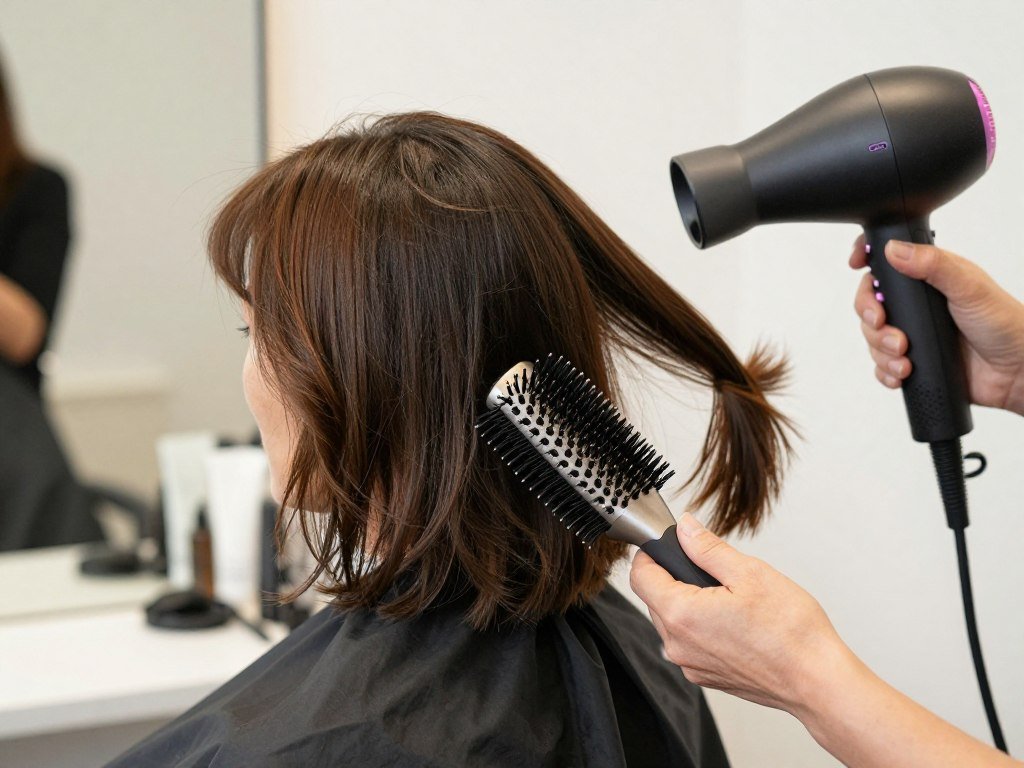 Woman blow-drying layered bob with round brush technique