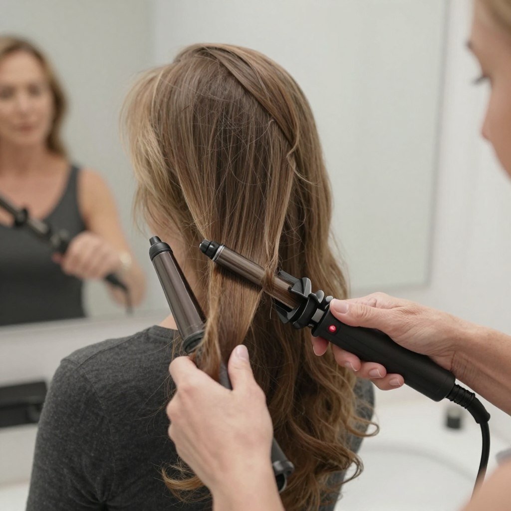 Woman creating waves with curling iron