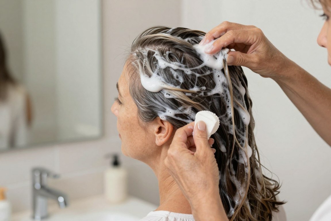 Woman doing home hair care routine