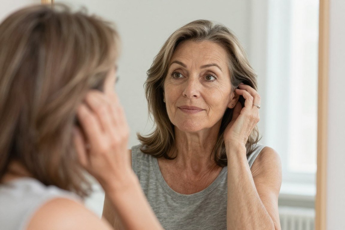 Woman looking at herself with satisfaction