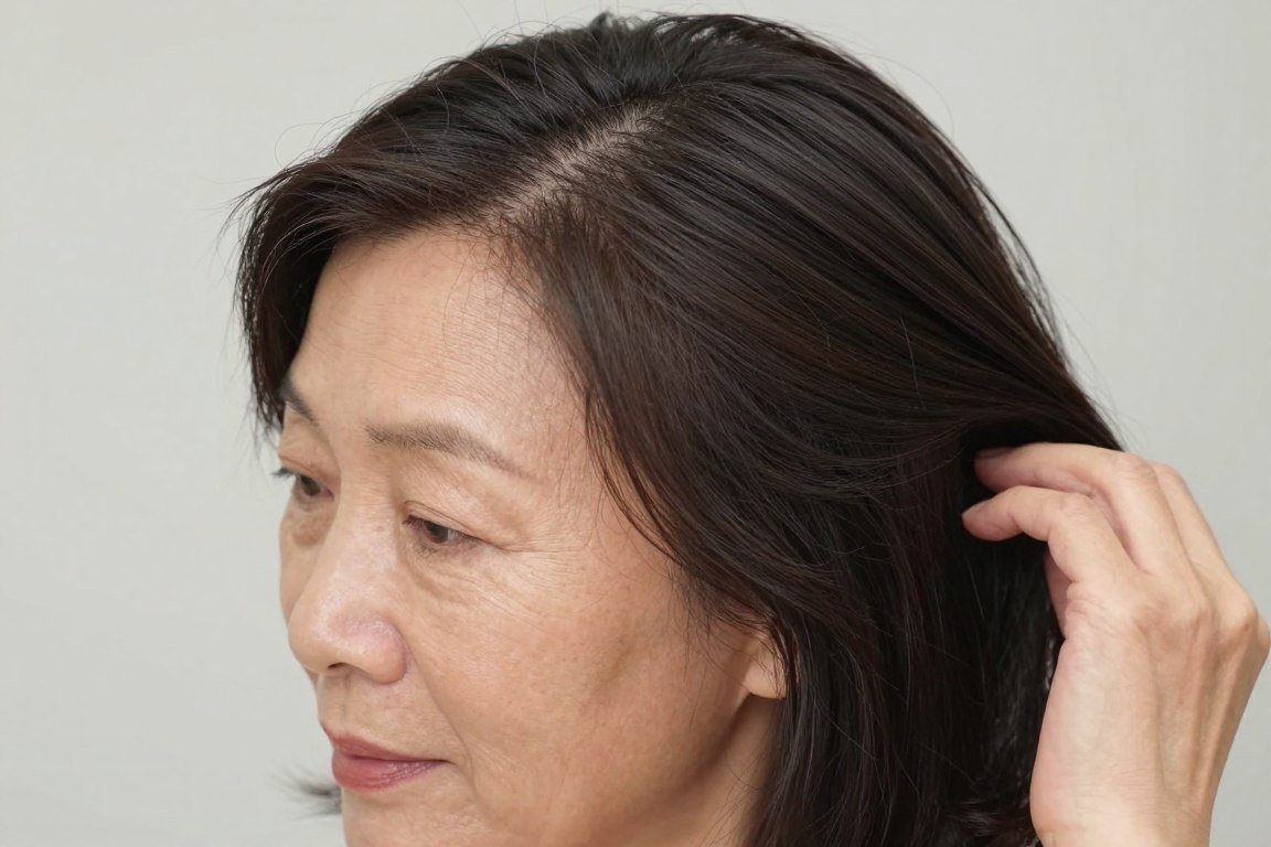 Woman showing how side part creates volume