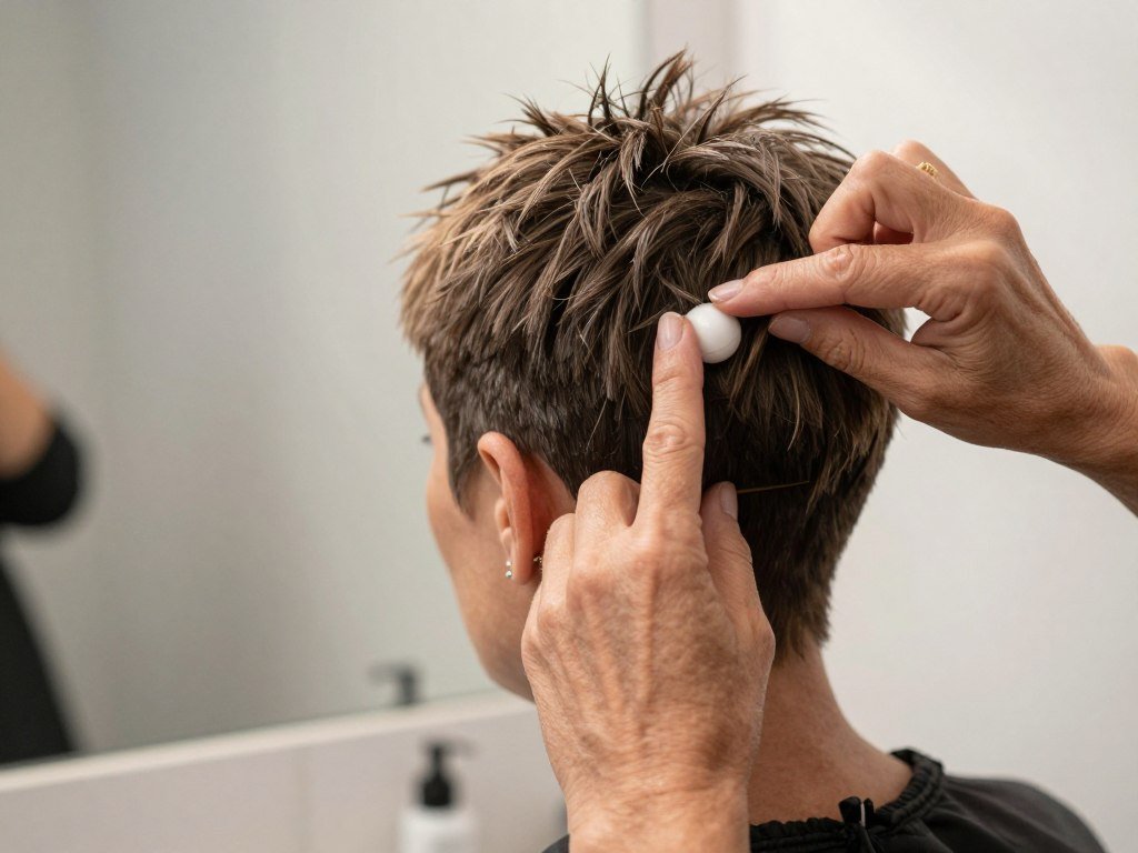 Woman styling textured pixie cut with fingers