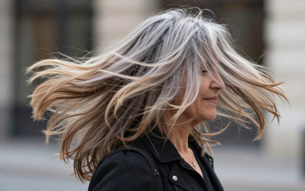 Woman with long layered hair showing movement