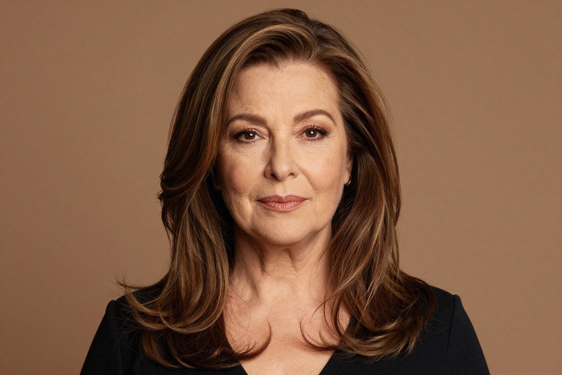 Woman with round face shape wearing long layered hairstyle with side part