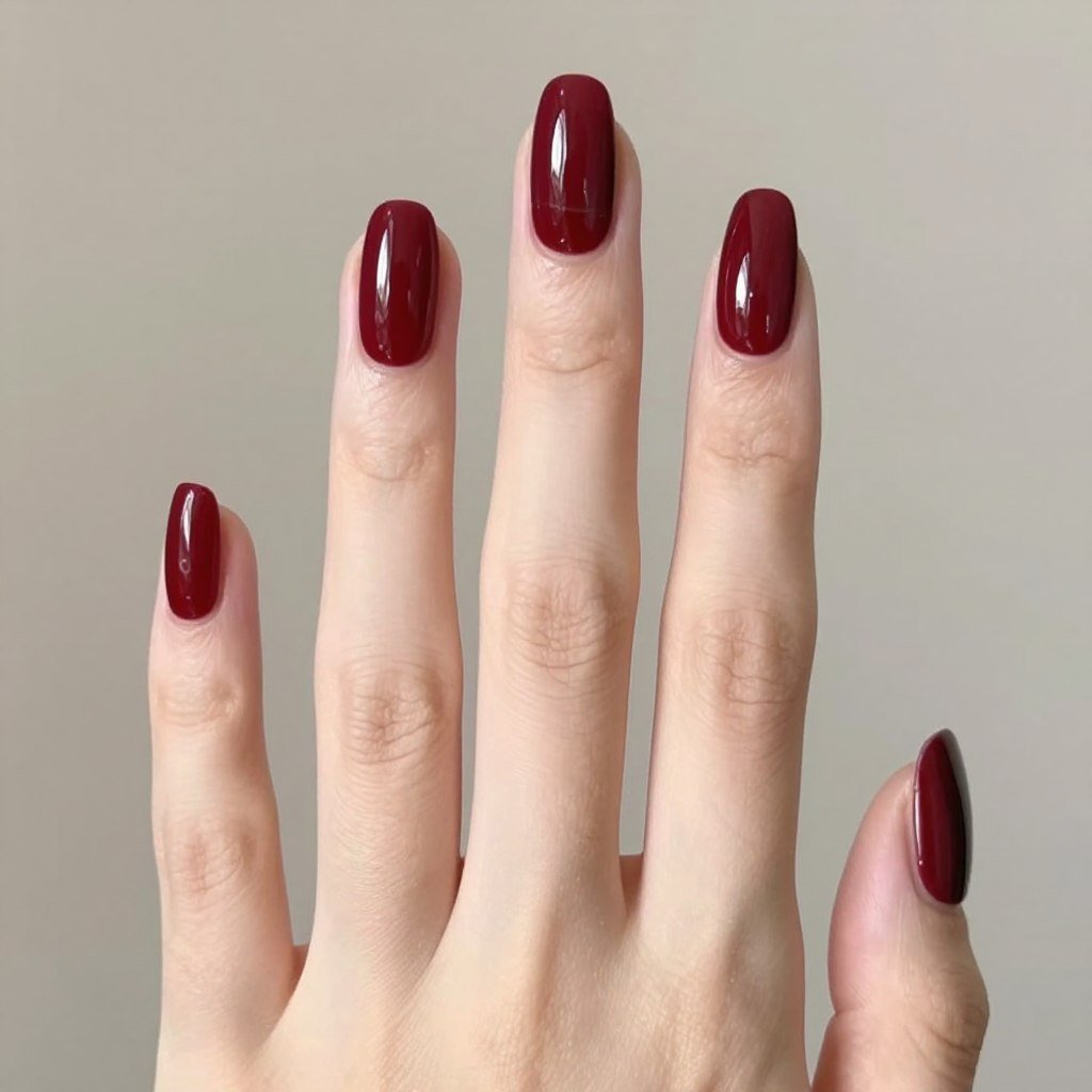 almond-shaped burgundy nails