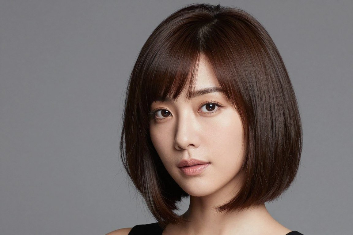angled bob haircut with deep side part for round face