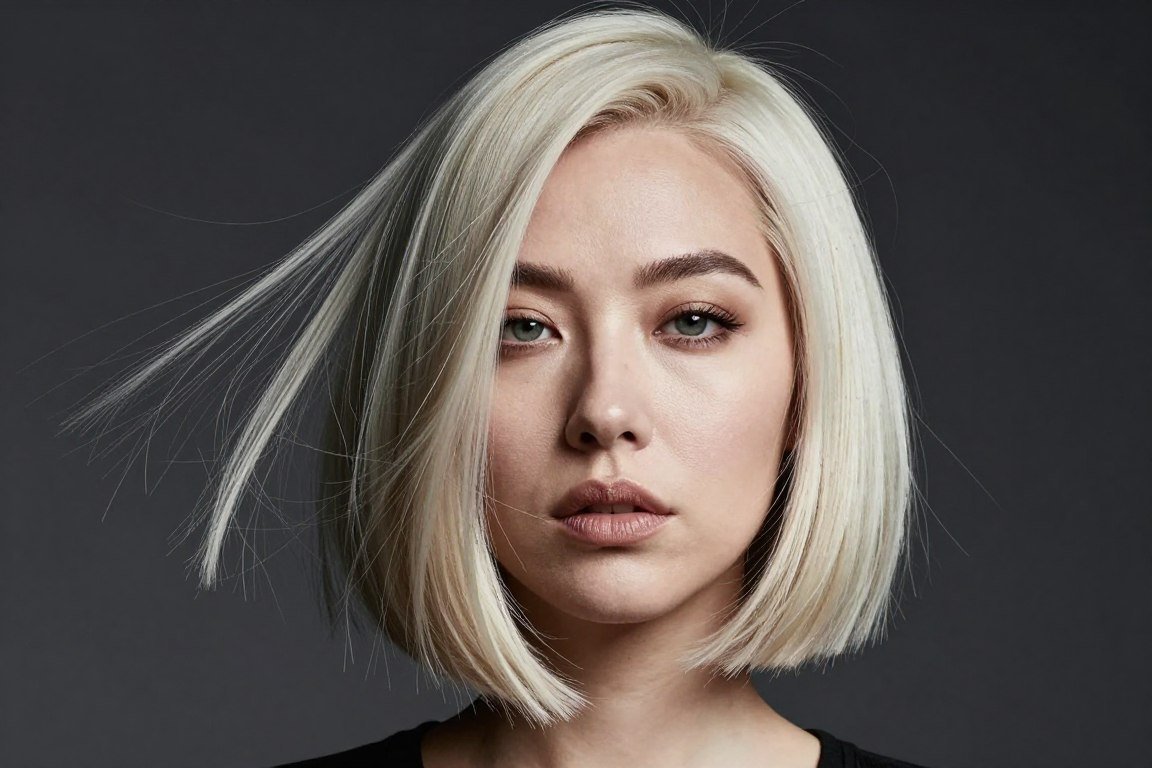 asymmetrical bob haircut with one side longer for round face