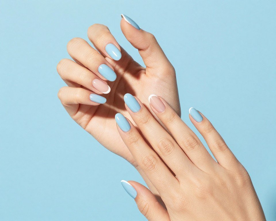 baby blue summer nails with white tips