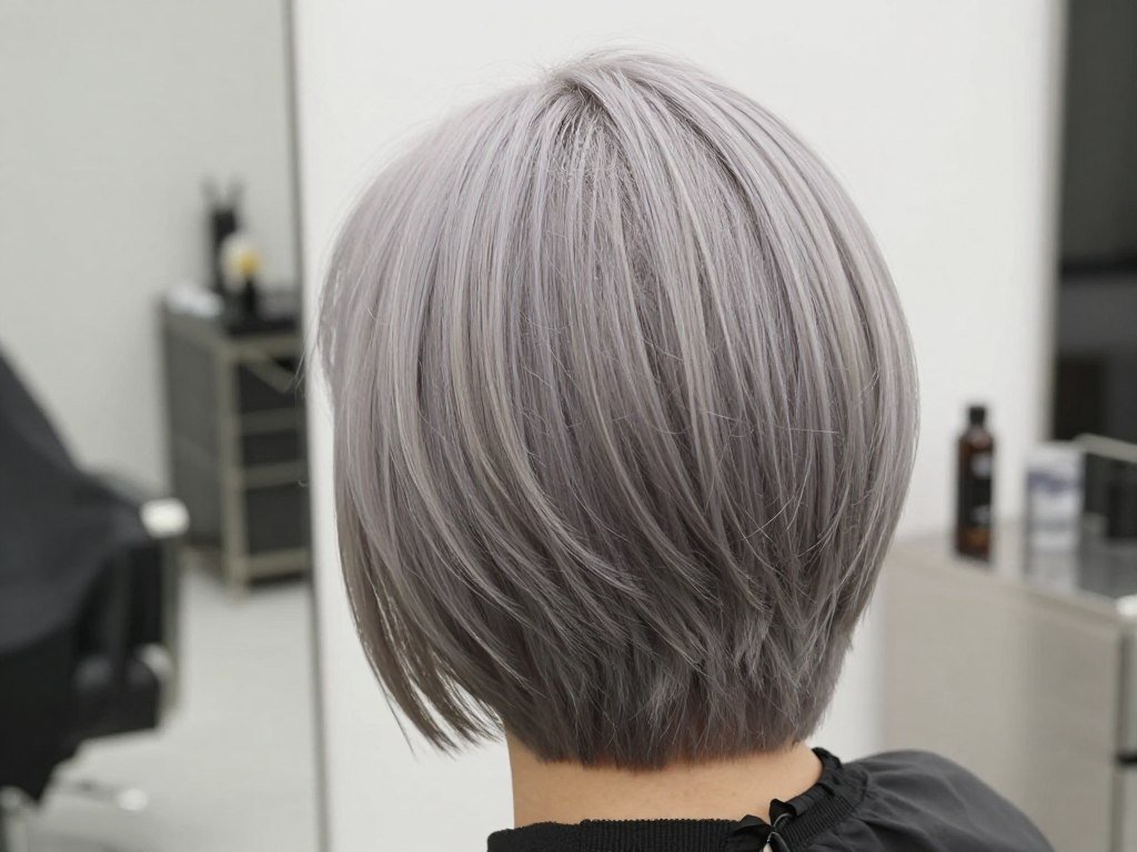 back view showing graduated layers in choppy bob on woman over 60
