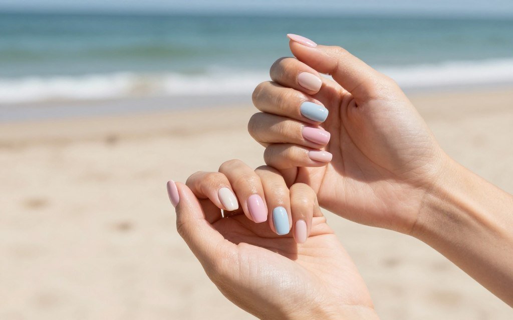 beach scene with hands showing maintained pastel manicure