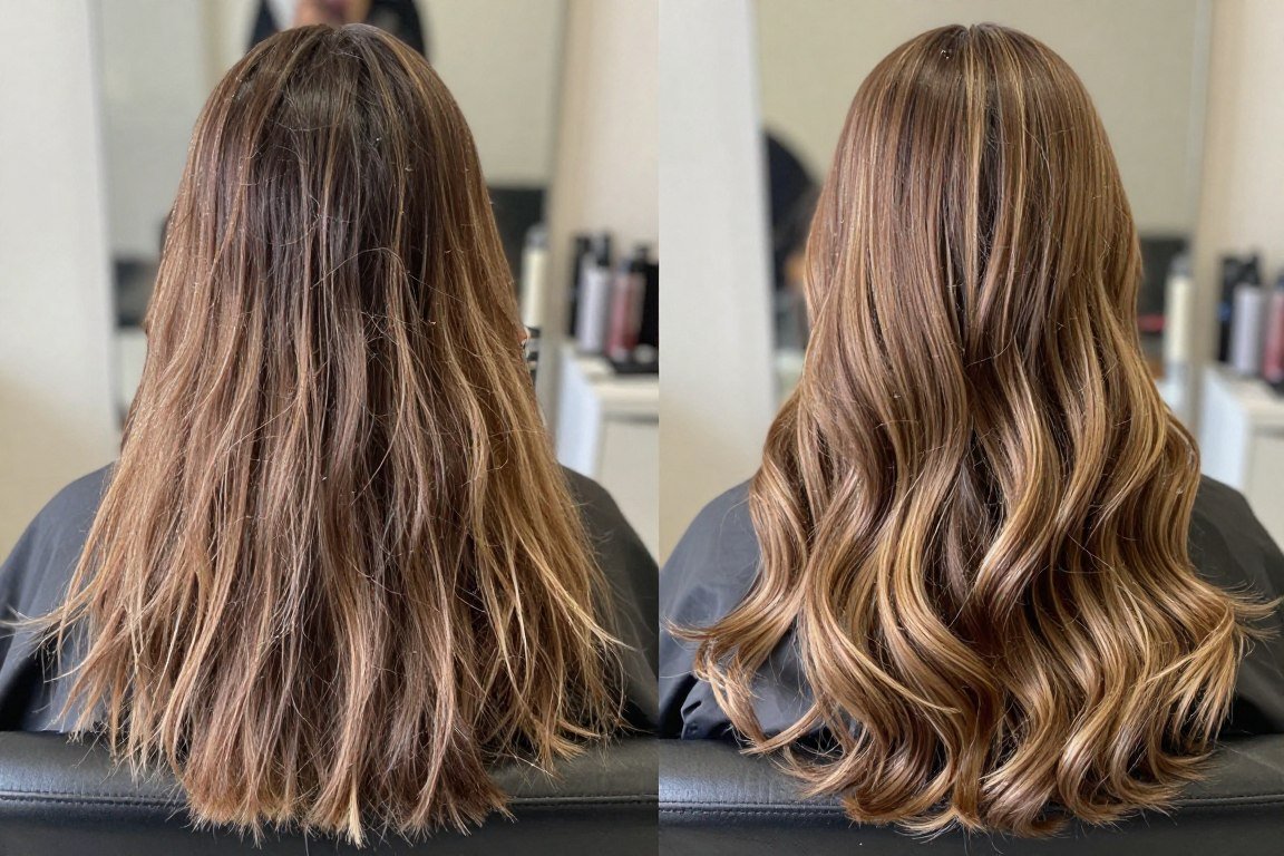 before and after hair color transformation on fine hair