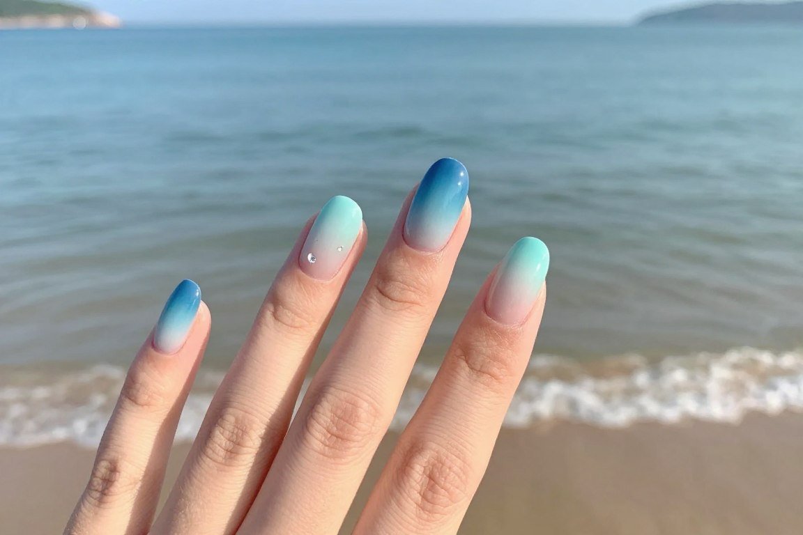 blue ocean fade ombre summer nail design