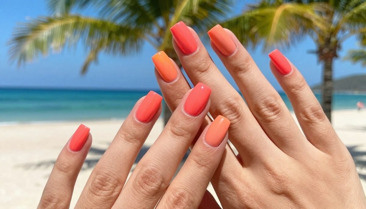 bright neon coral nail polish on hands bright neon coral nail polish on hands