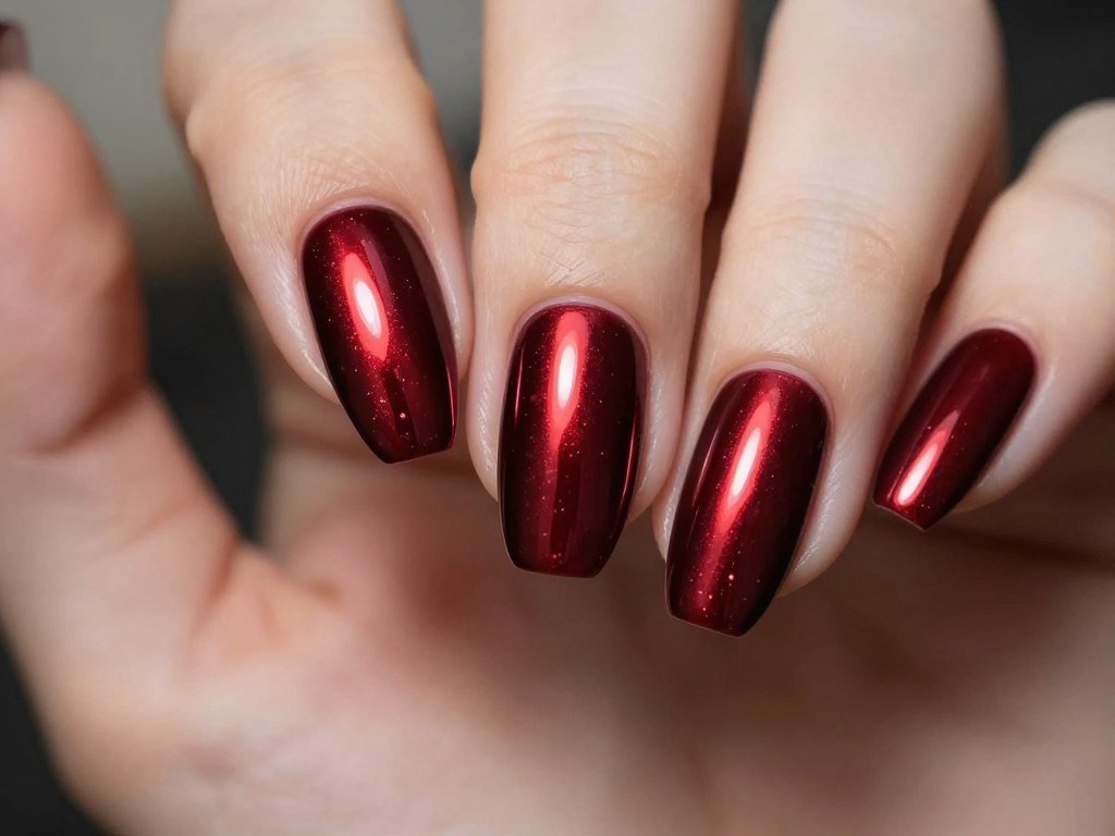 burgundy chrome nails with mirror-like reflective finish