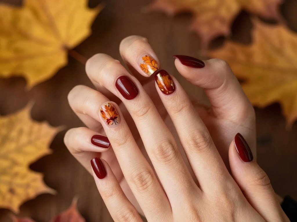 burgundy fall nails with autumn-themed nail art