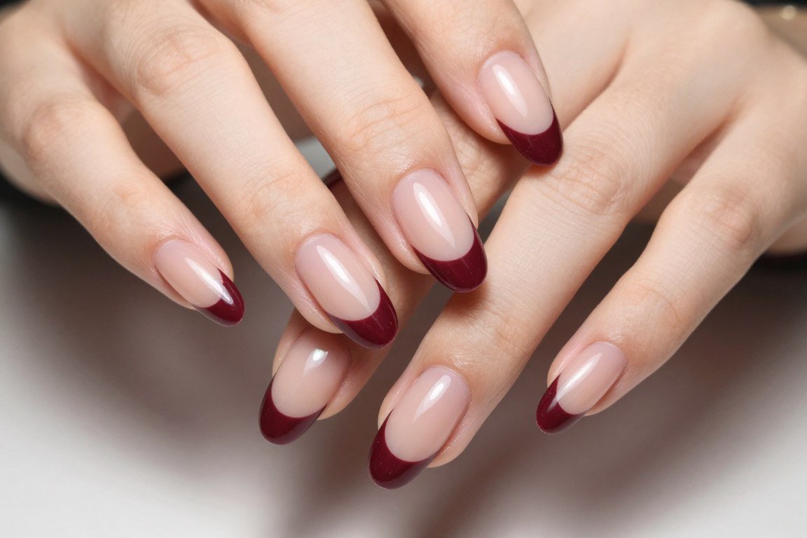 burgundy french tip manicure on almond-shaped nails