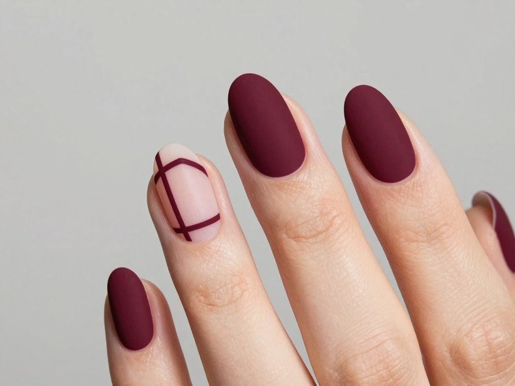 burgundy geometric negative space nail art