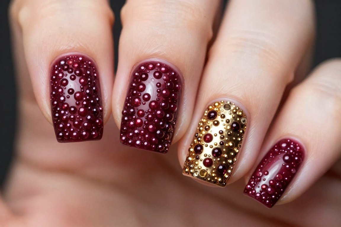 burgundy nails covered with caviar bead texture