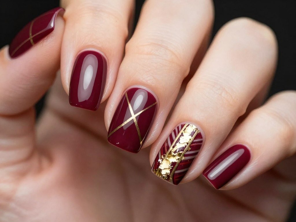 burgundy nails with gold accent details and striping tape