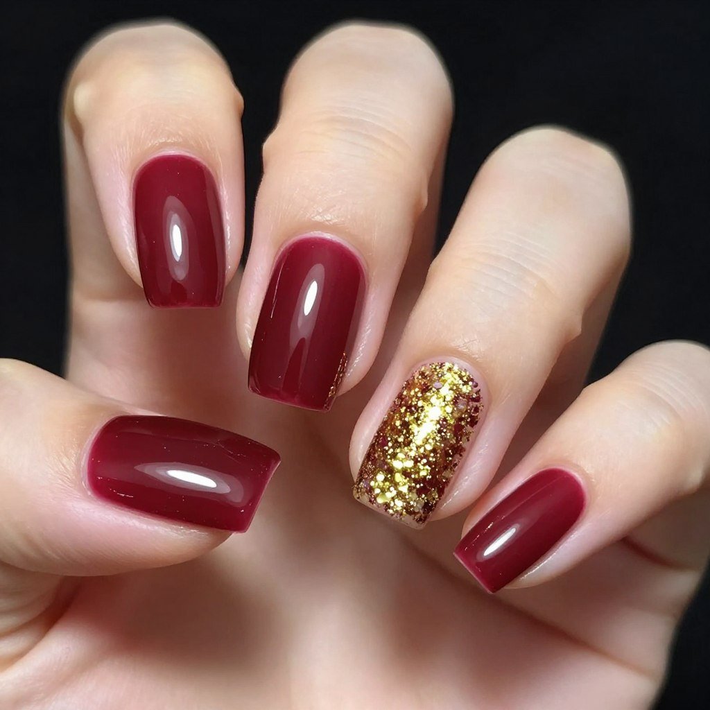burgundy nails with gold glitter accent nail