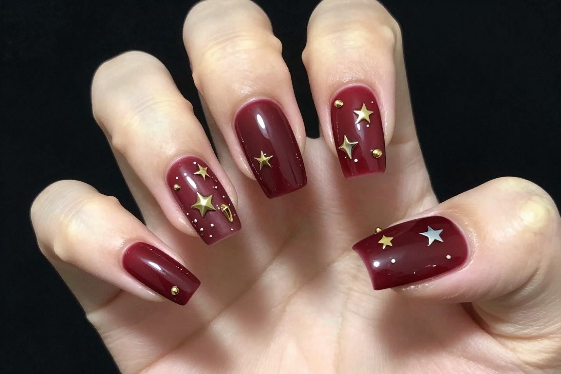 burgundy nails with gold metal stud embellishments