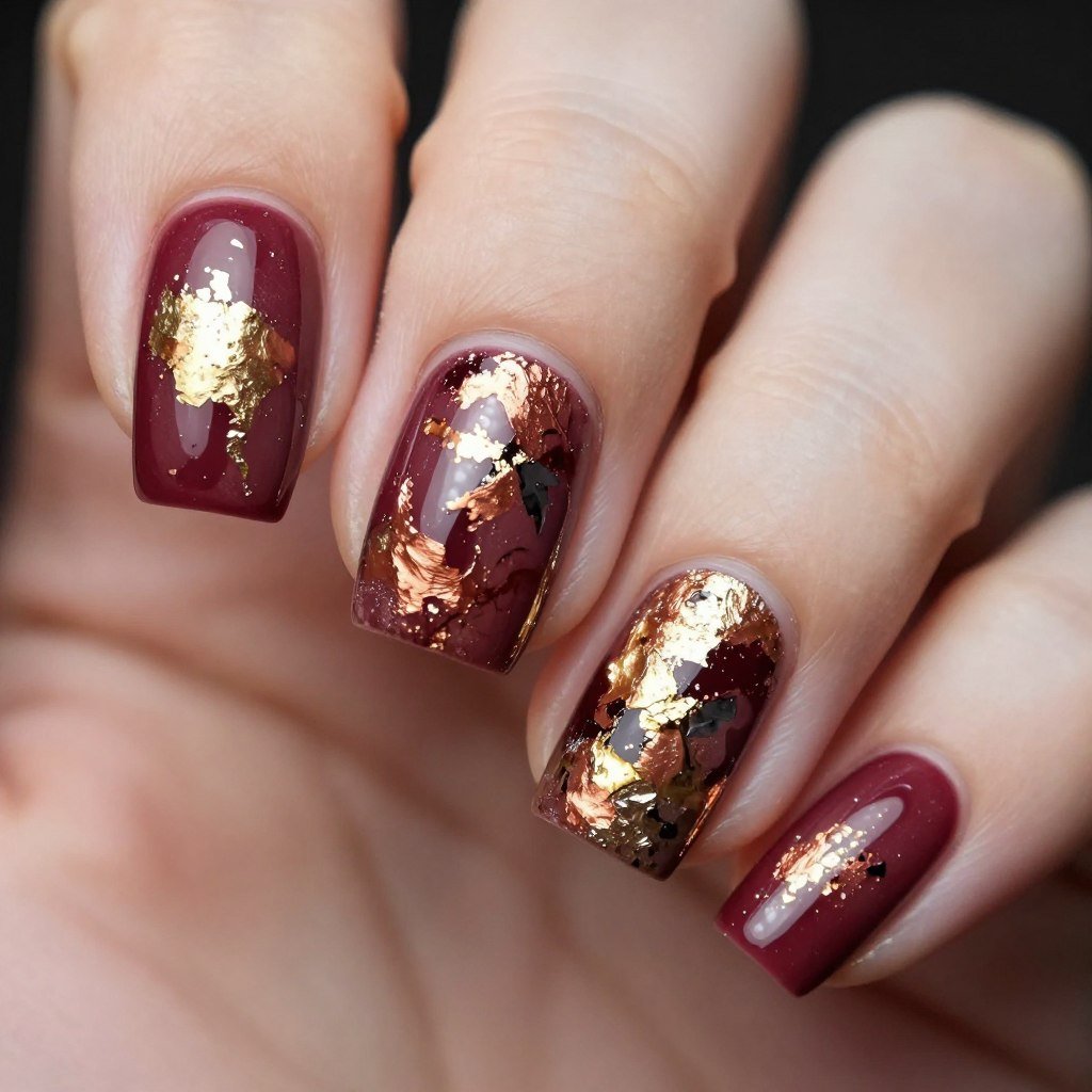 burgundy nails with metallic foil art details