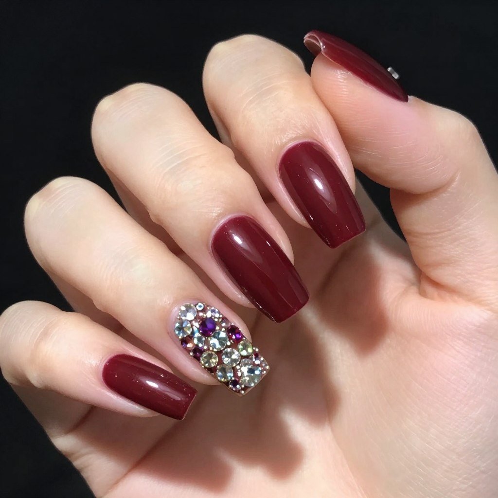 burgundy nails with rhinestone embellishments